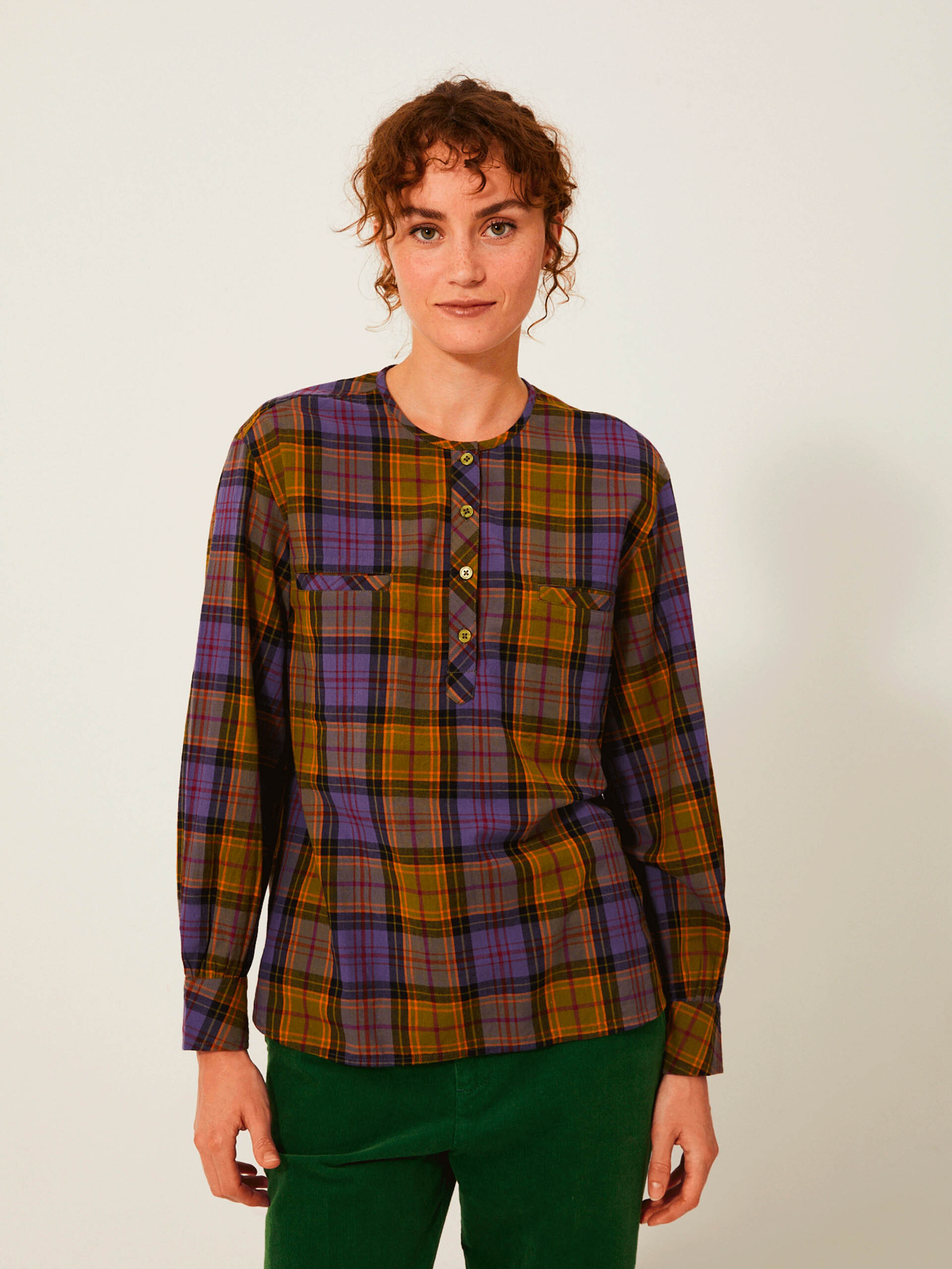 BLOUSE KELY  Carreaux bleu-kaki , Pr&ecirc;t-&agrave;-porter Bensimon
